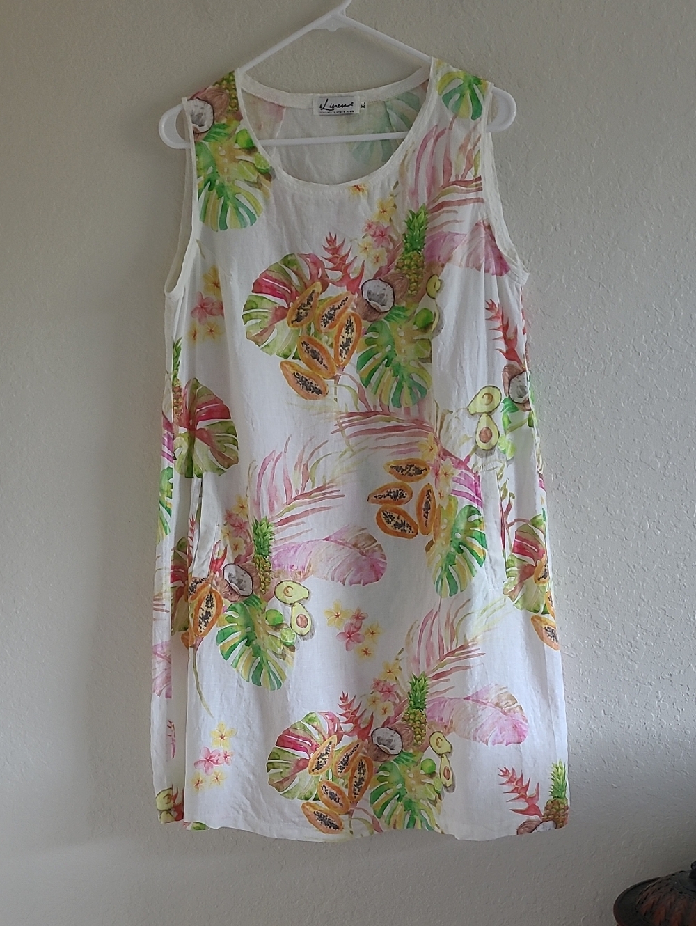 I Linen Tropical Print Mini Dress  White with Pink & Green. Size XL. Pool Beach.